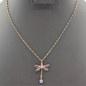 Vtg Anne Koplik Designs Crystal Antiqued Brass Beaded Chain Dragonfly Necklace